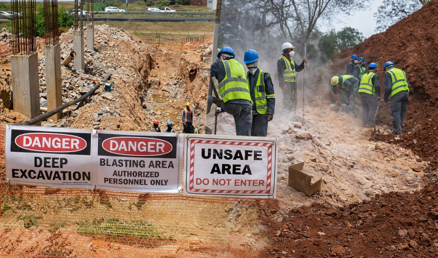 Active Blasting safety signage — deep excavation and blasting area
