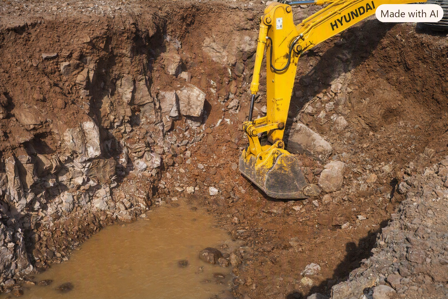 Hyundai excavator working in a blasted rock pit — Active Blasting site work